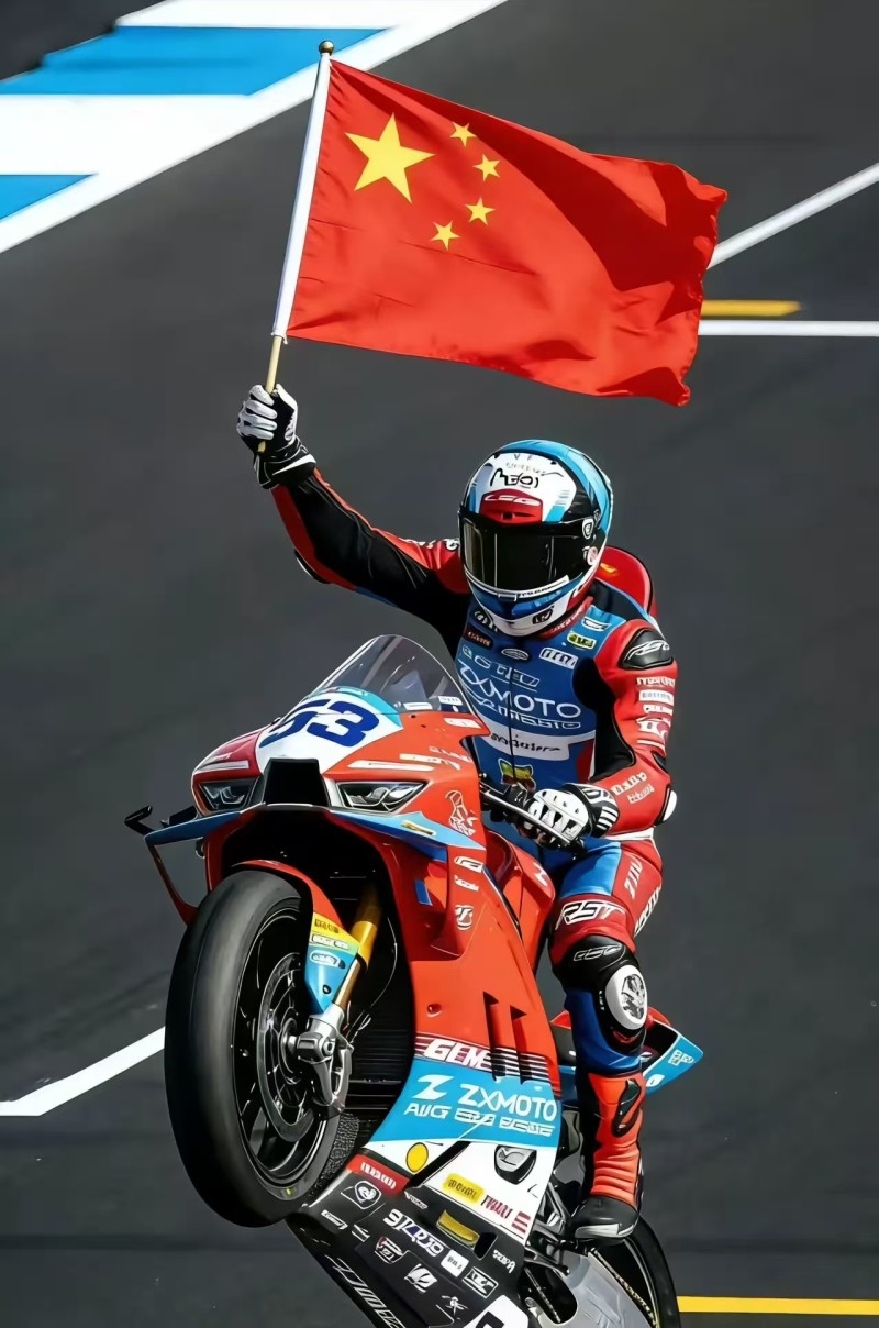 French rider Valentin Debise, riding ZXMOTO's 820RR-RS, wins the WSBK Portugal round and raises China's national flag after the race on March 28, 2026. /ZXMOTO
