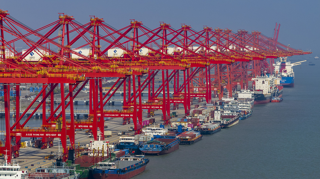 Ships line up at a container terminal at Taicang Port area of Suzhou Port in Suzhou, Jiangsu Province, China, February 20, 2026. / VCG