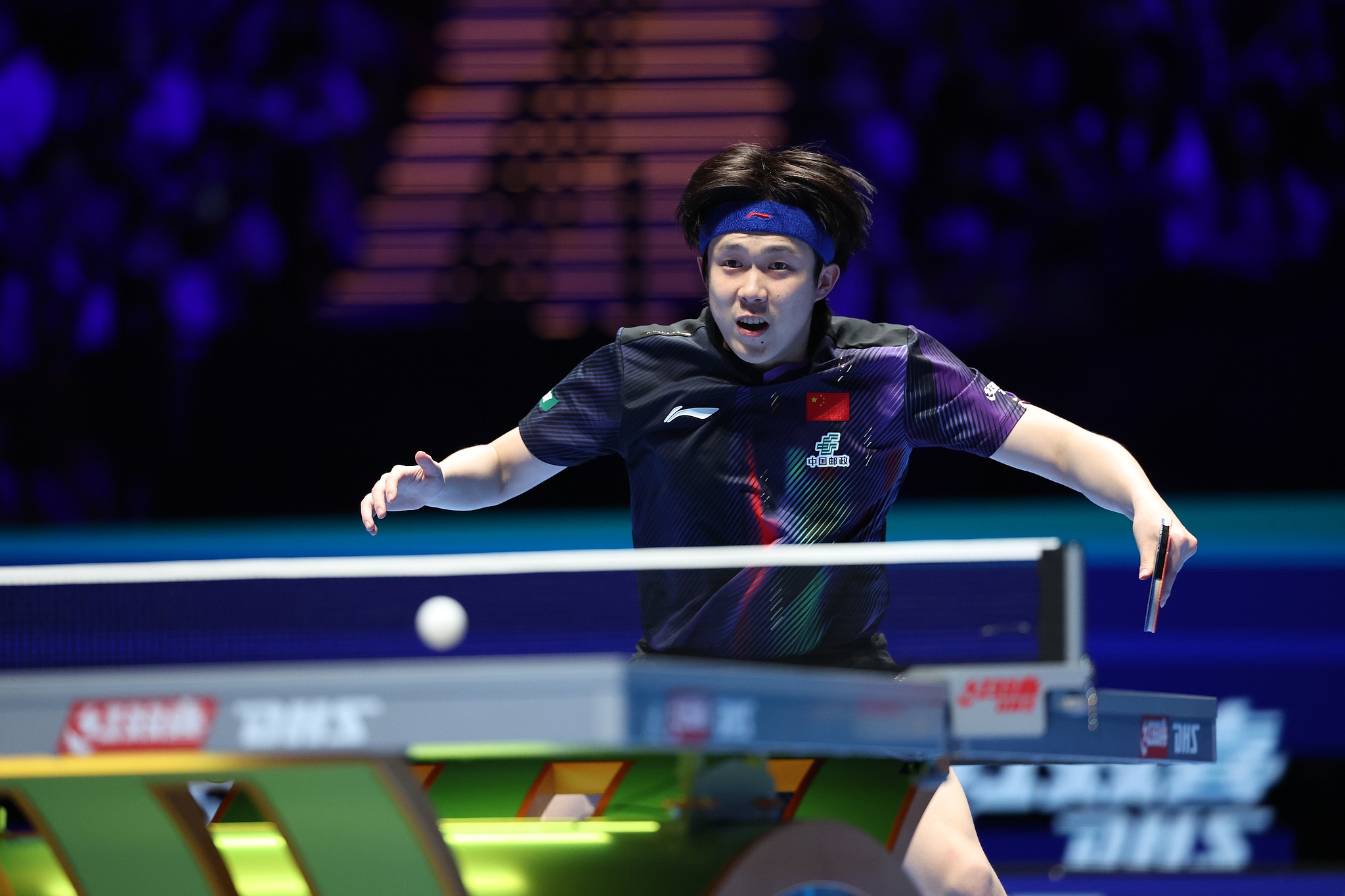 Wang Chuqin of China hits a shot in the men's singles group match against Finn Luu of Australia at the ITTF Men's and Women's World Cup in Macao Special Administrative Region (SAR), April 1, 2026. /VCG