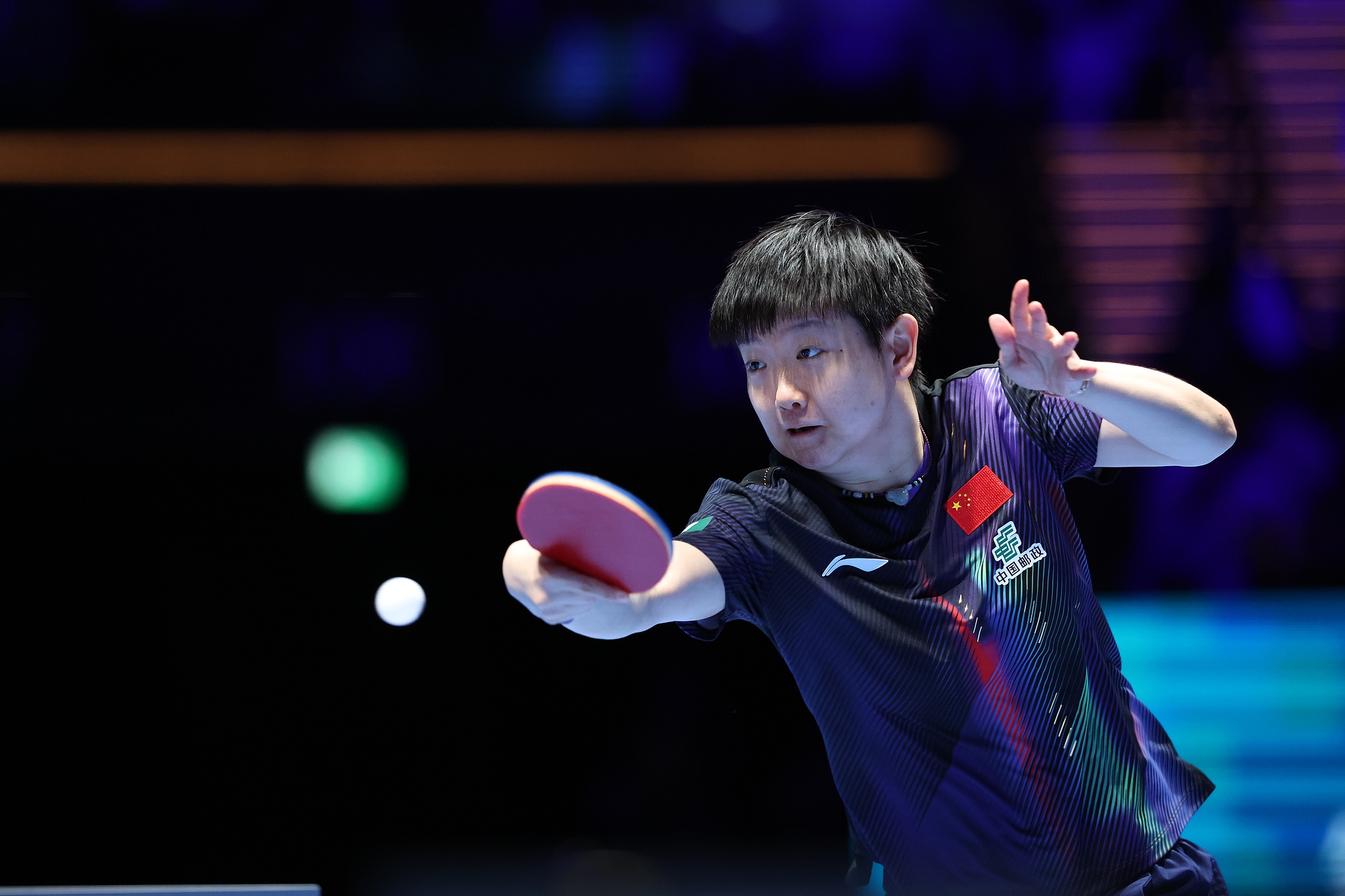 Sun Yingsha of China hits a shot in the women's singles group match against Dina Meshref of Egypt at the ITTF Men's and Women's World Cup in Macao Special Administrative Region (SAR), April 1, 2026. /VCG