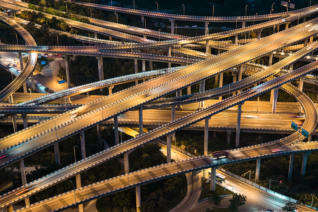 A night view of the Huangjuewan interchange, southwest China's Chongqing Municipality. /VCG