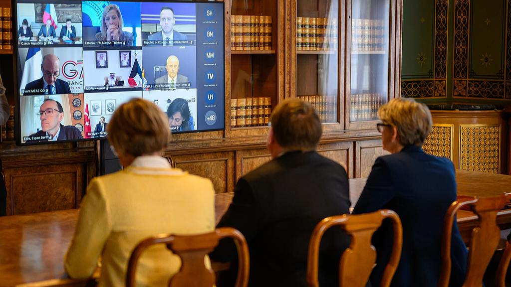 British Foreign Secretary Yvette Cooper speaks during a virtual summit at the Foreign & Commonwealth Office, London, April 2, 2026. /VCG