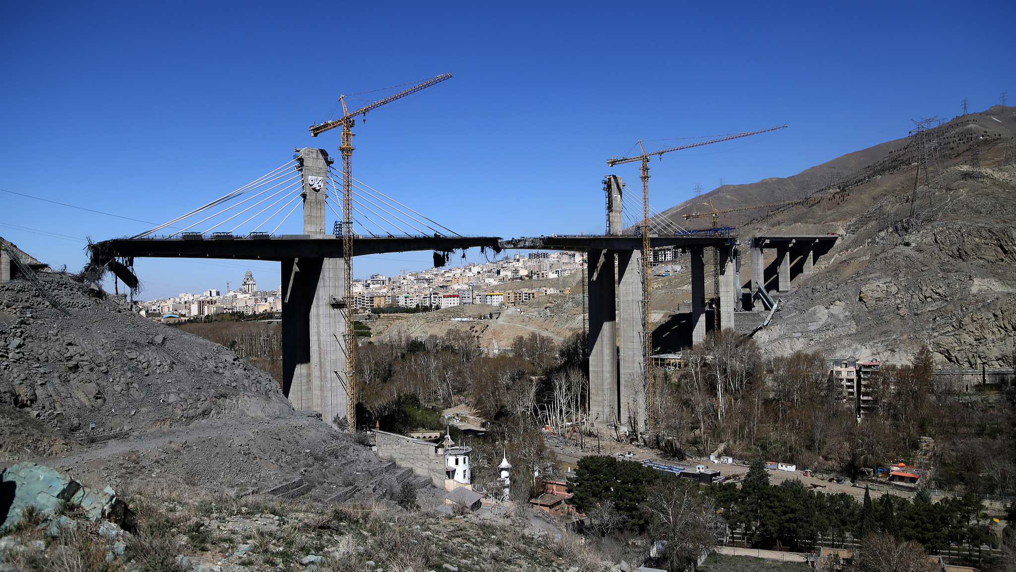 Significant sections of the B1 Bridge are seen destroyed after an airstrike attributed to the United States and Israel targeted the site near Tehran, in Karaj, Iran, on April 3, 2026. /VCG