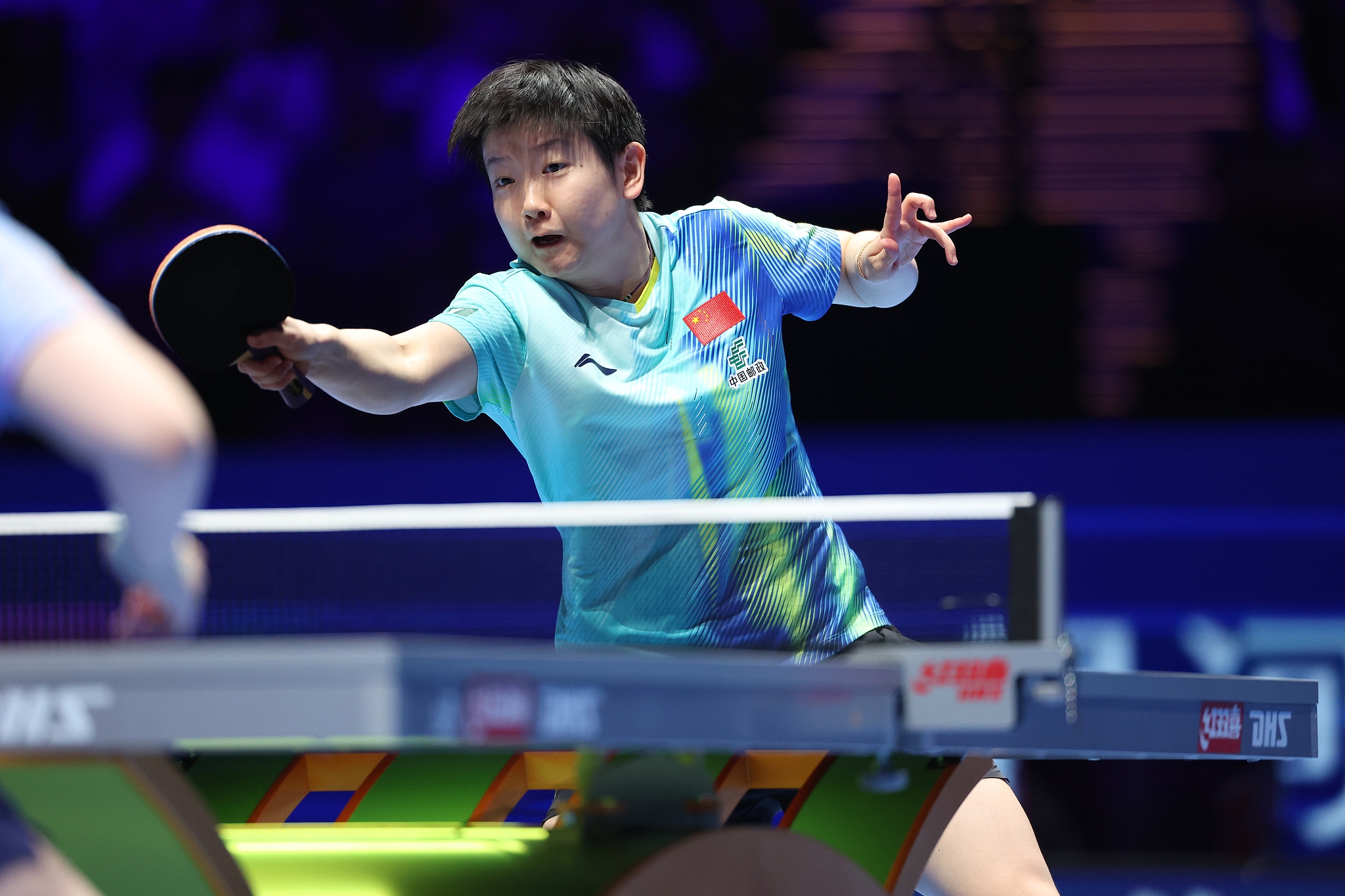 Sun Yingsha of China hits a shot against Kuai Man of China in a women's singles round of 16 match at the ITTF Men's and Women's World Cup in China's Macao SAR (Special Administrative Region), April 2, 2026. /VCG