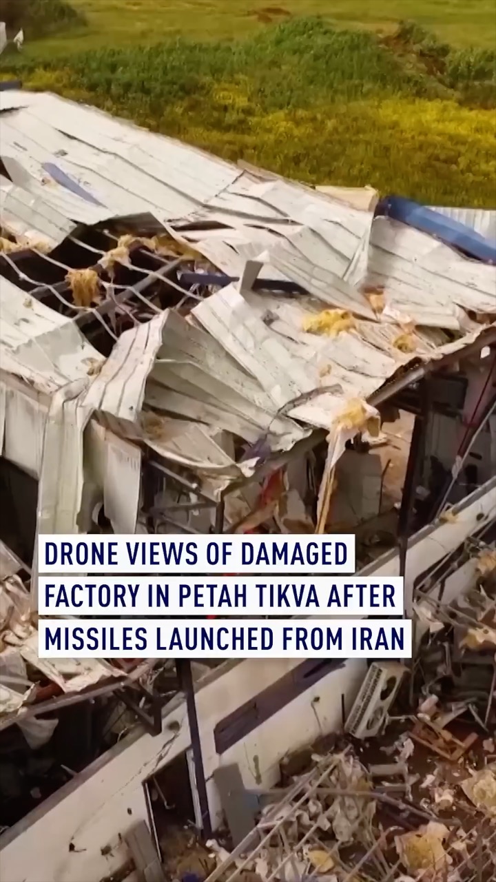 Drone views of damaged factory in Petah Tikva after missiles launched from Iran