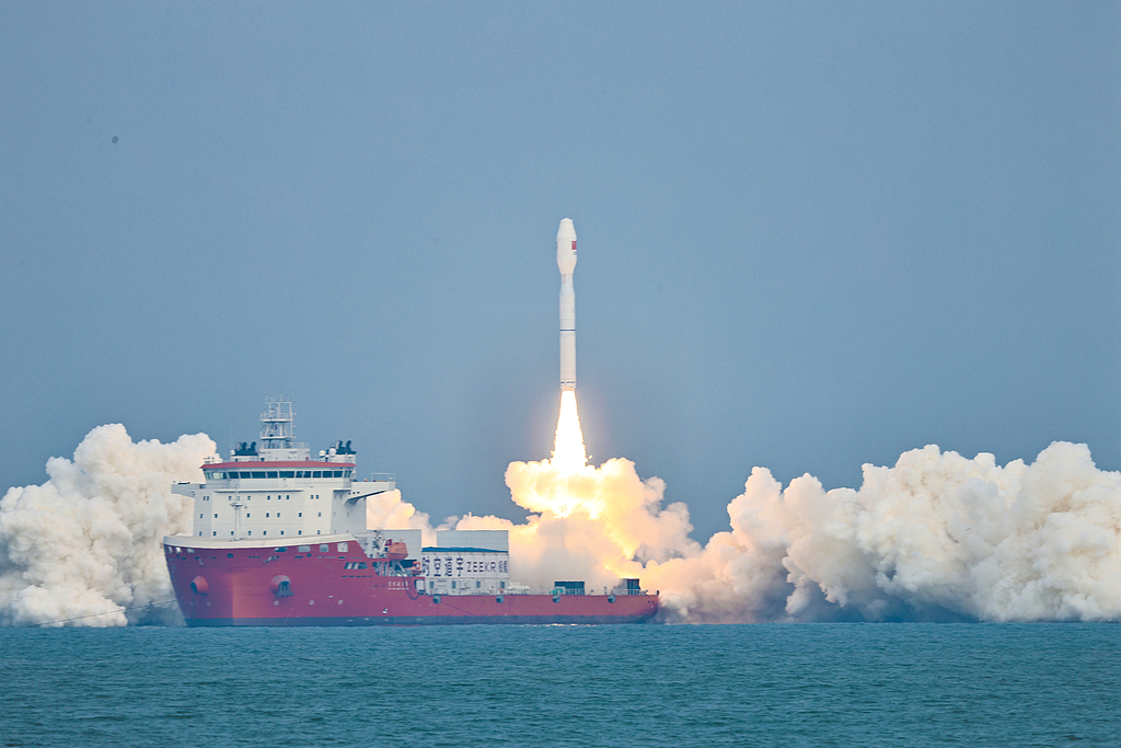 China launches a Jielong-3 carrier rocket from waters near the city of Rizhao in east China's Shandong Province, sending a group of satellites into a preset orbit, September 24, 2025. /VCG