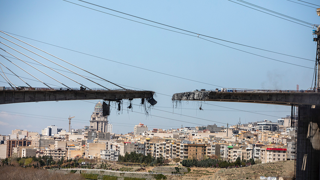A view of the damaged B1 bridge in Karaj, Iran, April 3, 2026. /VCG