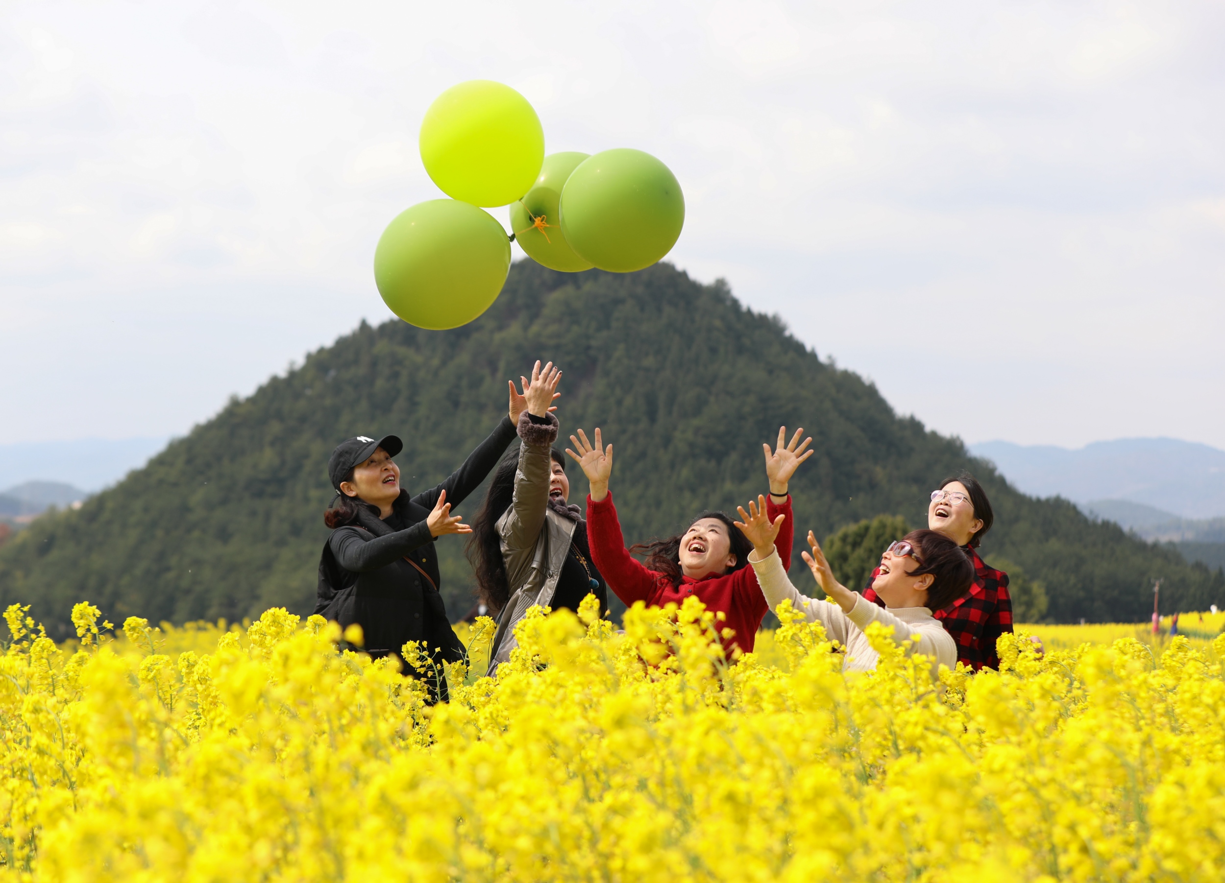 People enjoy blooming rapeseed flowers in Guojiawan Village, Yuping Dong Autonomous County, southwest China's Guizhou Province on March 5, 2026. /Tongren Media Convergence Center