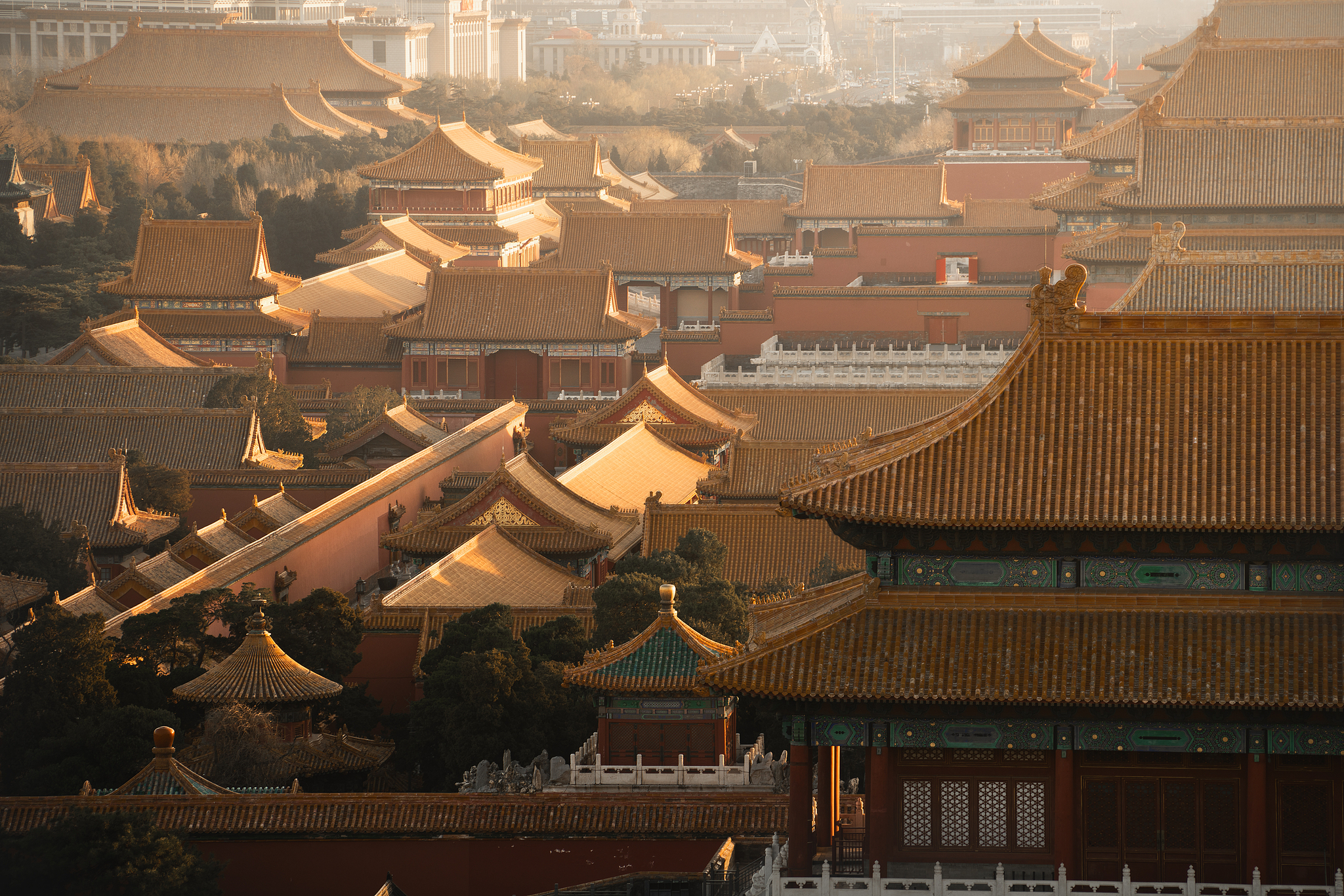 An aerial view of the Forbidden City at dusk, Beijing, China. /VCG