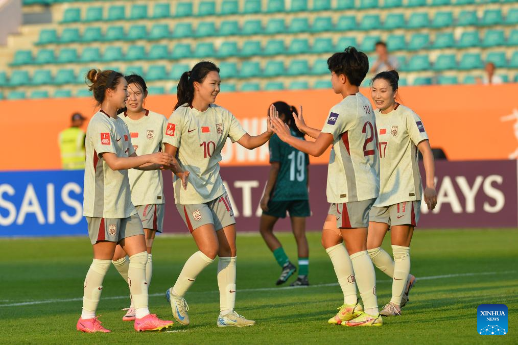 China celebrates after scoring a goal in the Group A match against Bangladesh at the AFC U20 Women's Asian Cup at Nonthaburi Stadium in Nonthaburi, Thailand, April 4, 2026. /Xinhua
