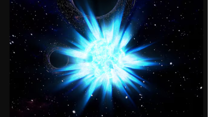 An illustration shows a stellar explosion with subtle hints of a black hole binary in the background, released on April 1, 2026. Carl Knox, OzGrav-Swinburne University of Technology/via Reuters