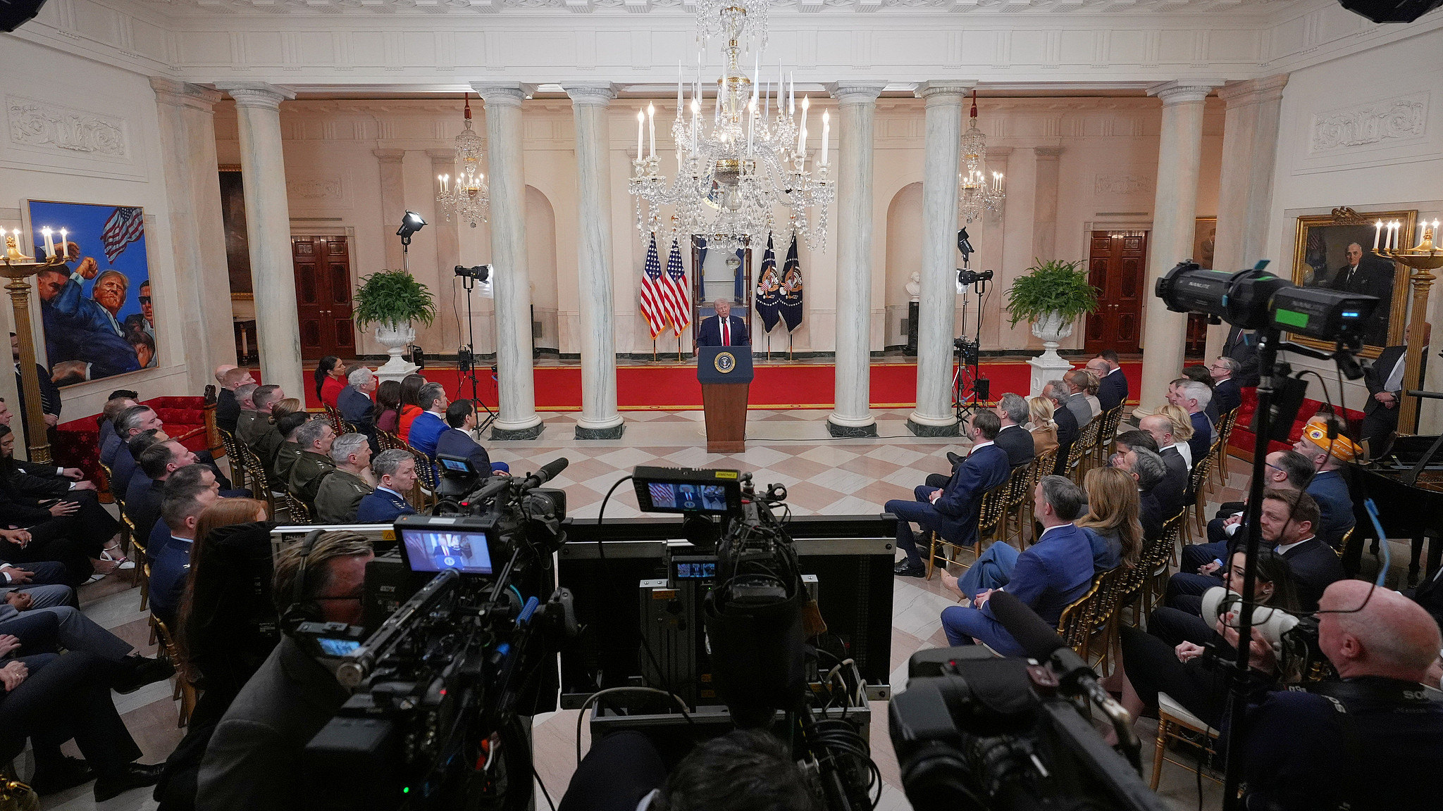 US President Donald Trump delivers a prime-time address to the nation from the Cross Hall in the White House in Washington, DC, US, April 1, 2026. /VCG