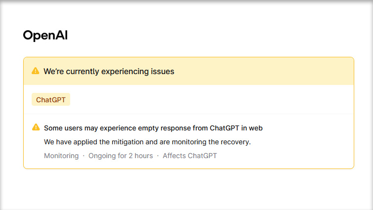 An OpenAI status page says ChatGPT web services is experiencing a problem. /OpenAI