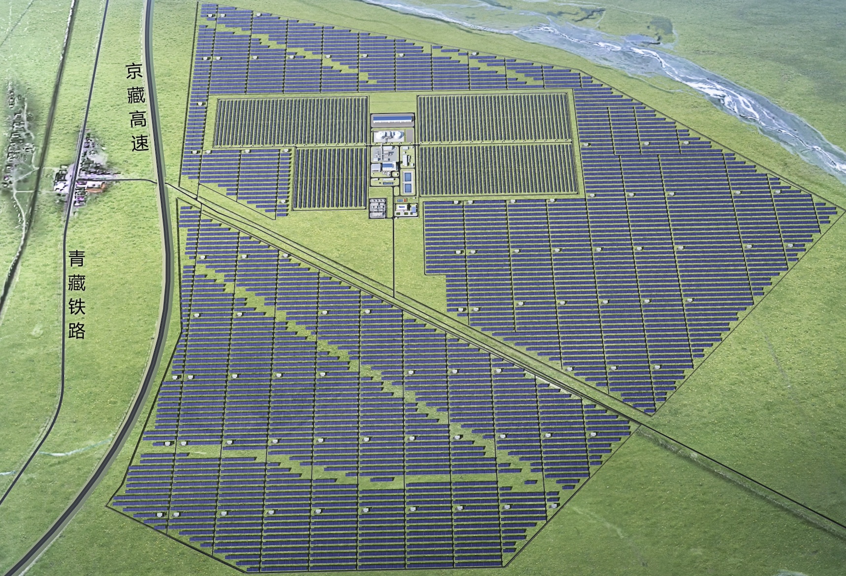 A render of the Wumatang clean energy project with labels marking the name of a highway and a railroad. /CMG