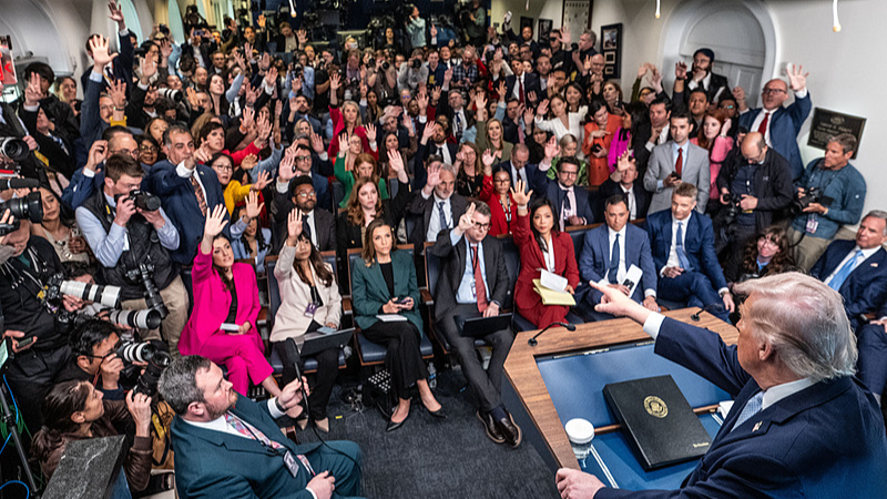 US President Donald Trump calls on reporters during a press conference in the James Brady Briefing Room of the White House in Washington, D.C., US, April 6, 2026. /VCG