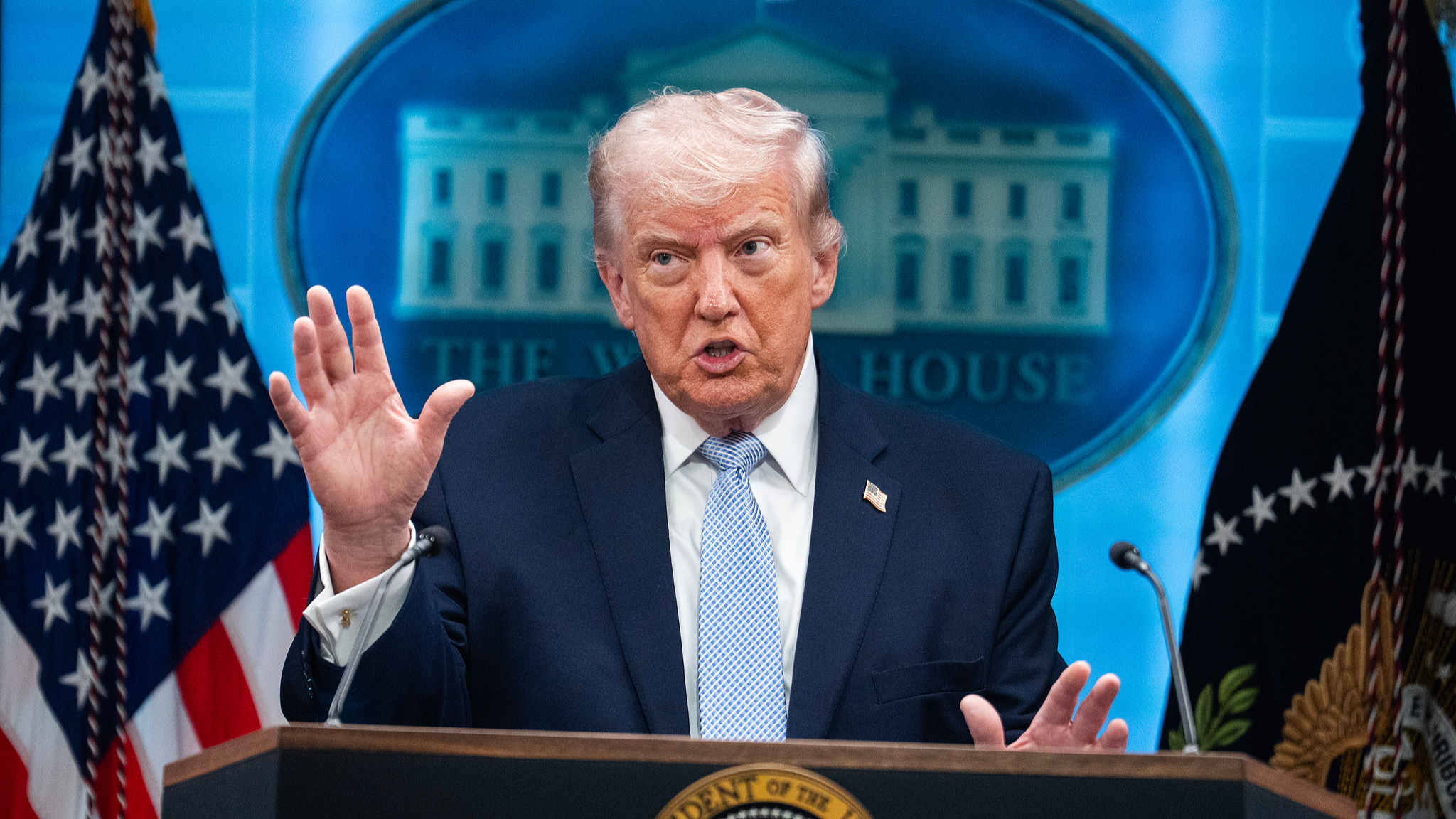 US President Donald Trump conducts a news conference in the White House briefing room about the war in Iran, in Washington, D.C., April 6, 2026. /CFP
