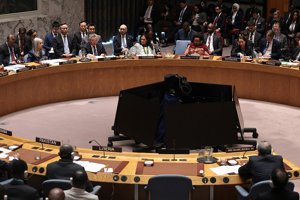 Members of the UN Security Council listen as Fu Cong, China's permanent representative to the UN, speaks during a meeting regarding the situation in the Middle East, New York, US, April 7, 2026. /VCG