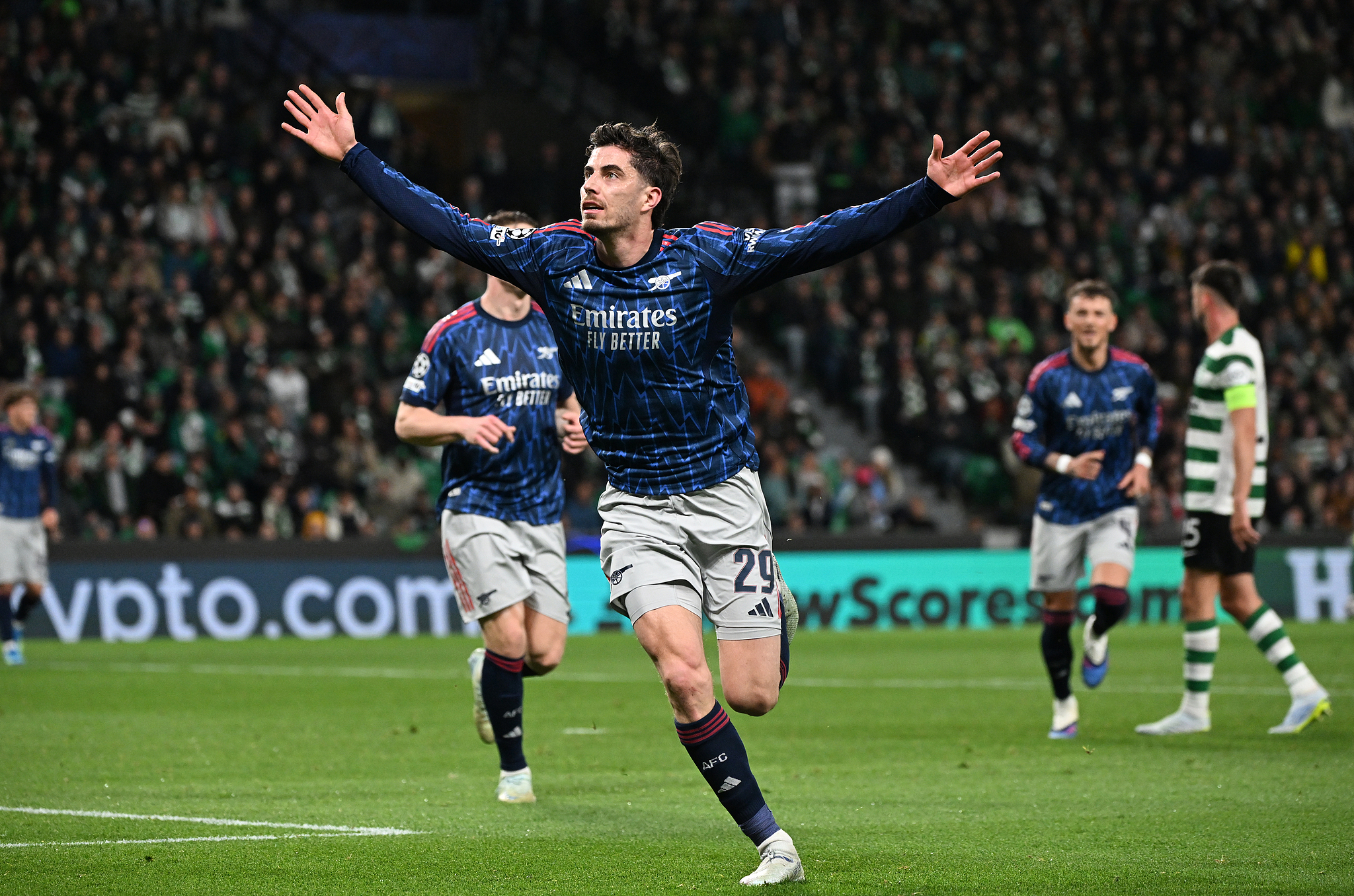 Kai Havertz of Arsenal celebrates a goal during the Champions League quarter-final first leg match between Sporting and Arsenal at Estadio Jose Alvalade in Lisbon, Portugal, April 7, 2026. /VCG