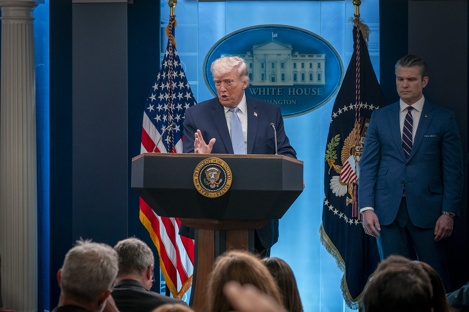 US President Donald Trump speaks to reporters at a briefing at the White House in Washington, DC, US, April 6, 2026. /VCG