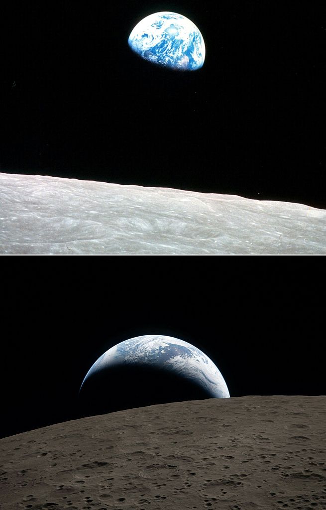 A image showing Earthrise over the moon made on Christmas Eve, 1968 from Apollo 8 (top) and a image showing Earth as it dips beyond the lunar horizon, also known as 