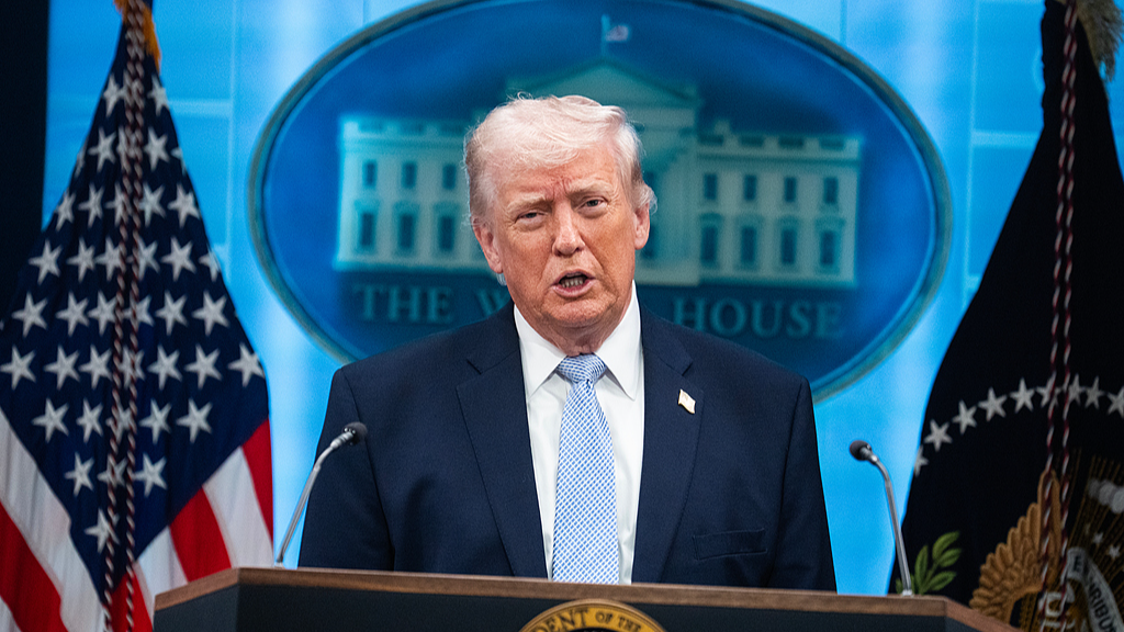 US President Donald Trump at a news conference in the White House briefing room about the war in Iran, in Washington, D.C., US, April 6, 2026. /VCG