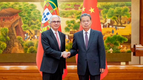 China's top legislator Zhao Leji (R) and speaker of the Portuguese Parliament Jose Pedro Aguiar-Branco hold talks in Beijing, China, April 8, 2026. /China's Ministry of Foreign Affairs