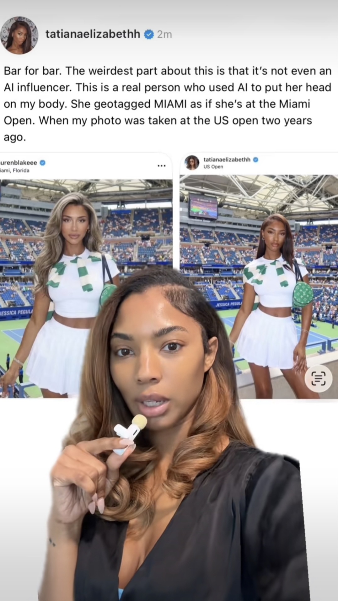 US model Tatiana Elizabeth took to social media to expose content creator Lauren Blake Boultier for using her image and likeness to create an AI-generated image, placing her head on Elizabeth's body. /@tatiana.elizabeth