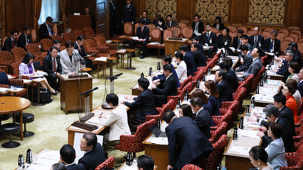 Japanese Prime Minister Sanae Takaichi attends an intensive deliberation of the House of Councilors and stands at the lectern in the Diet building in Tokyo, Japan, April 7, 2026. /VCG