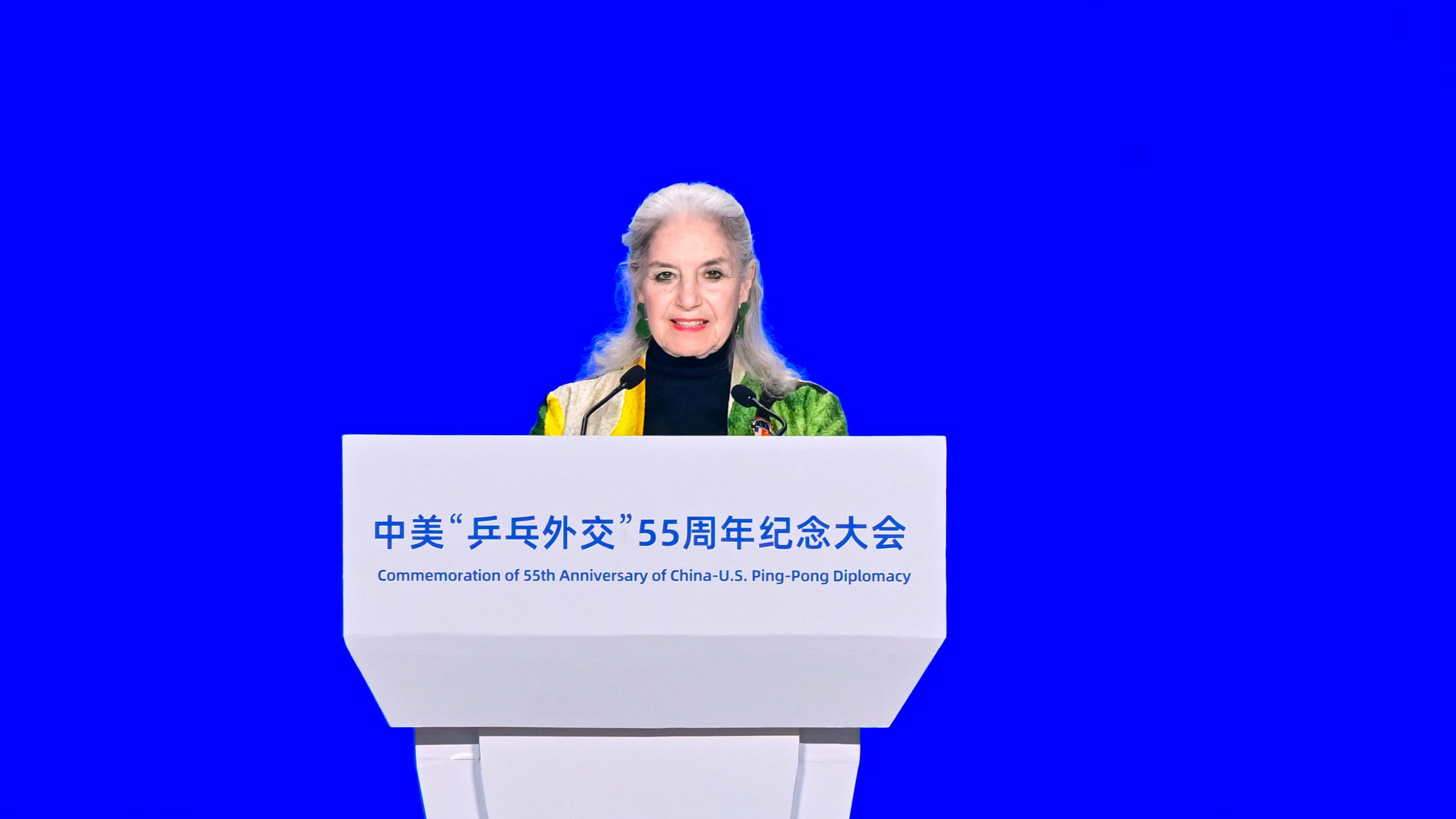 Jan Berris, vice president of the National Committee on United States-China Relations, delivers a speech during the commemorative event marking the 55th anniversary of China-US Ping-Pong Diplomacy in Beijing, China, April 10, 2026. /VCG