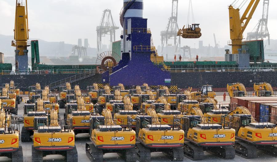 China-made construction machinery is loaded for export to Indonesia at Yantai Port in Shandong Province in east China, December 31, 2025. /Xinhua