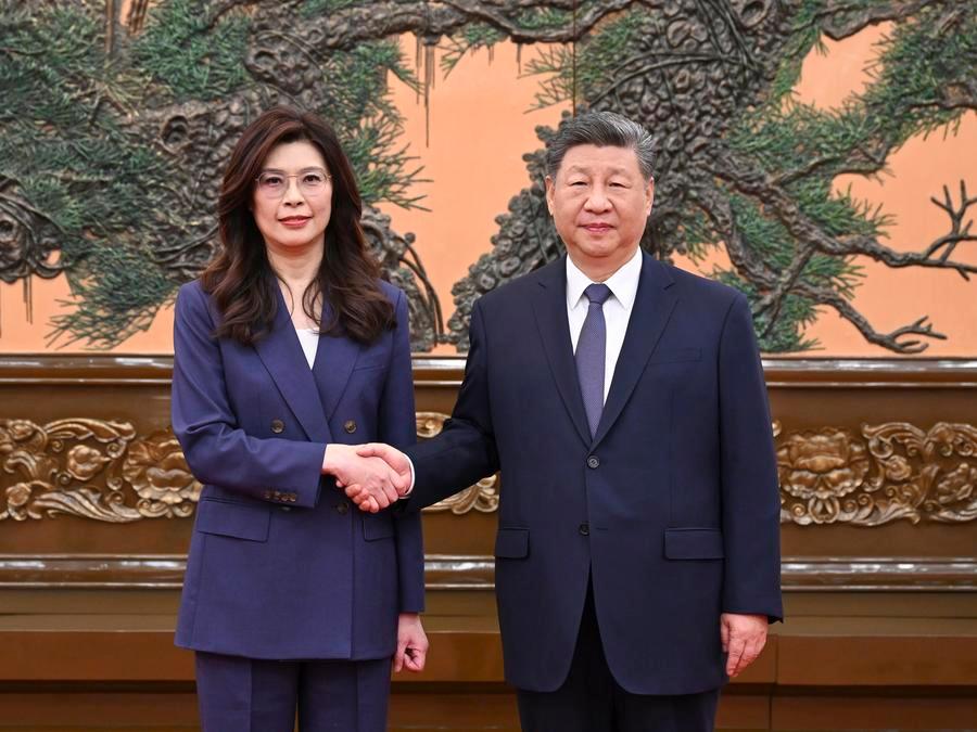 Xi Jinping, general secretary of the Communist Party of China (CPC) Central Committee, meets with a delegation of the Chinese Kuomintang (KMT) Party led by its chairwoman Cheng Li-wun in Beijing, capital of China, April 10, 2026. /Xinhua