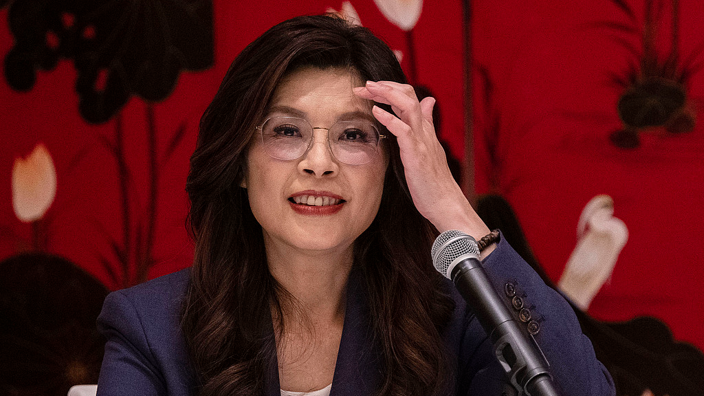 Cheng Li-wun, chairperson of the Chinese Kuomintang (KMT) party holds a press conference in Beijing, China, April 10, 2026. /VCG
