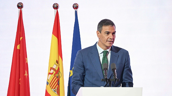 Spanish Prime Minister Pedro Sanchez delivers a speech during the inauguration of the Spain-China Business Meeting in Shanghai, China, September 10, 2024. /VCG