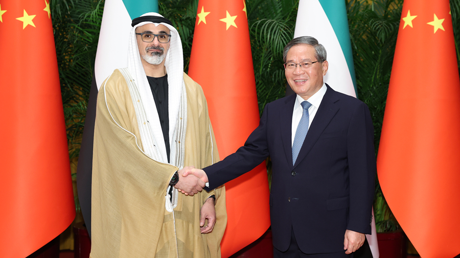Chinese Premier Li Qiang (R) meets with Sheikh Khaled bin Mohamed bin Zayed Al Nahyan, Crown Prince of Abu Dhabi, United Arab Emirates (UAE) in Beijing, China, April 13, 2026. /Xinhua