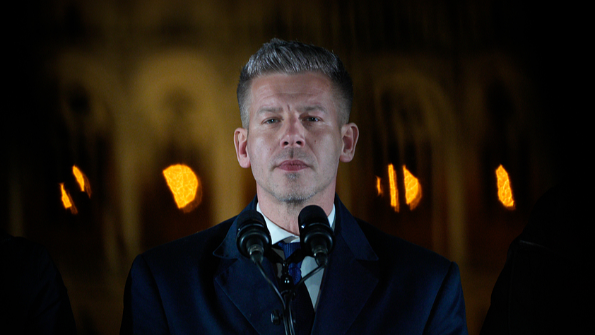 Peter Magyar, the candidate from Hungary's opposition party Tisza, speaks at the Tisza election evening event in Budapest, Hungary, April 12, 2026. /VCG
