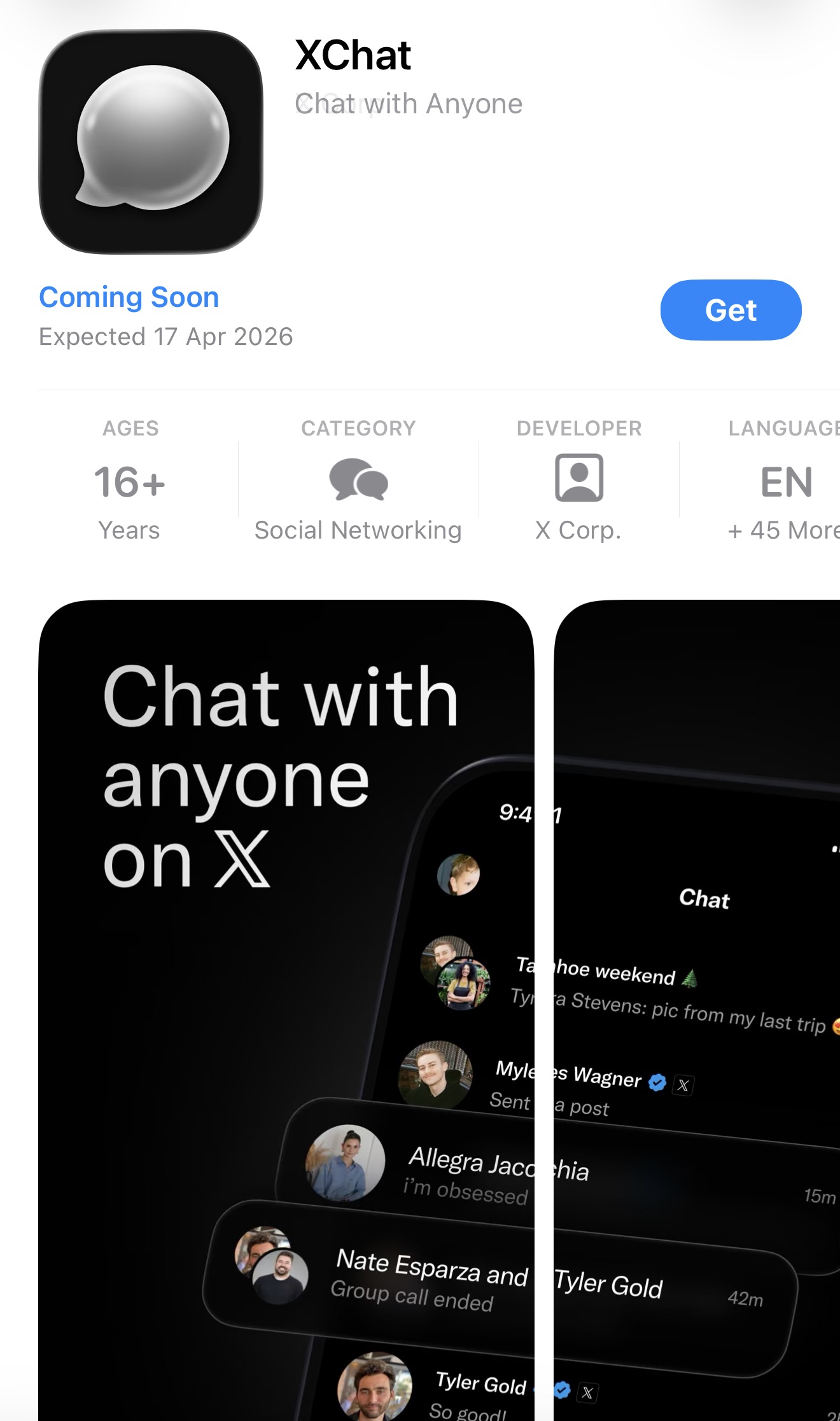 A screenshot of XChat's information page in the Apple App Store, April 13, 2026.