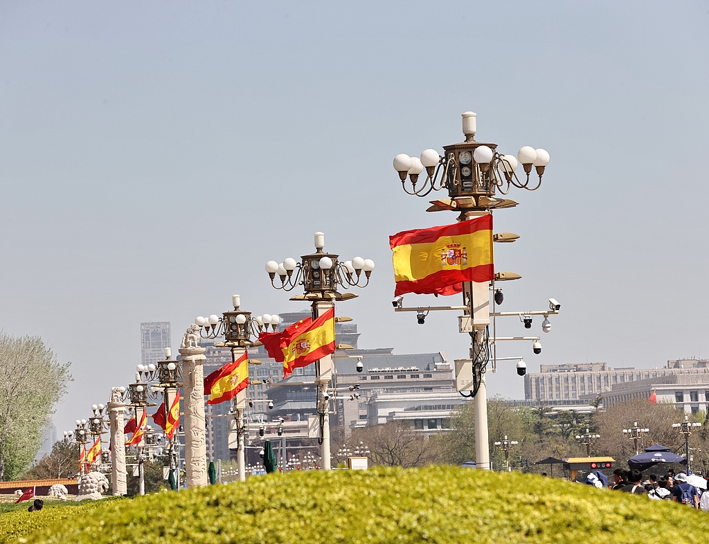 Chinese and Spanish national flags seen at Tiananmen Square as Spanish Prime Minister Pedro Sanchez pays an official visit from April 11 to April 15, April 11, 2026, Beijing, China. /VCG
