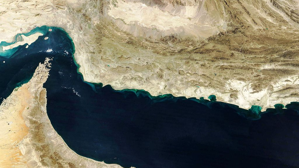 This handout natural-colour image acquired with MODIS on NASA's Terra satellite taken on February 5, 2025 shows the Gulf of Oman and the Makran region (C) in southern Iran and southwestern Pakistan, and the Strait of Hormuz (L) and the northern coast of Oman (bottom). /VCG