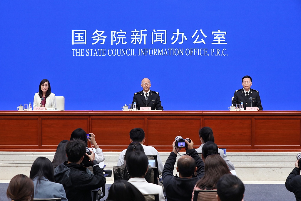 China's customs officials speak at a press conference by the Information Office of the State Council to introduce the import and export data in the first quarter of 2026, April 14, 2026, Beijing, China. /VCG
