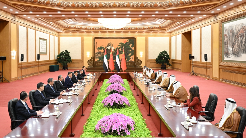 Chinese President Xi Jinping meets with Sheikh Khaled bin Mohamed bin Zayed Al Nahyan, Crown Prince of Abu Dhabi, United Arab Emirates, at the Great Hall of the People in Beijing, capital of China, April 14, 2026. /Xinhua