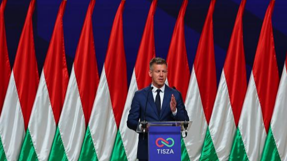 Peter Magyar, leader of Hungary's Tisza Party, speaks at an international press conference in Budapest, Hungary, April 13, 2026. /CMG