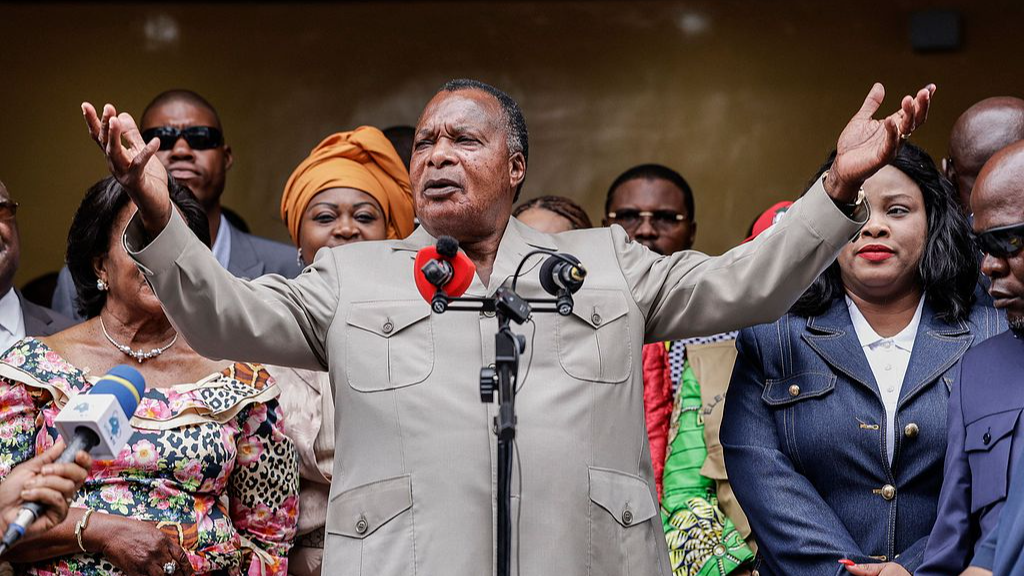 Incumbent President of the Republic of Congo and presidential candidate Denis Sassou-N'Guesso reacts during a press briefing, Brazzaville, the Republic of Congo, March 15, 2026. /VCG