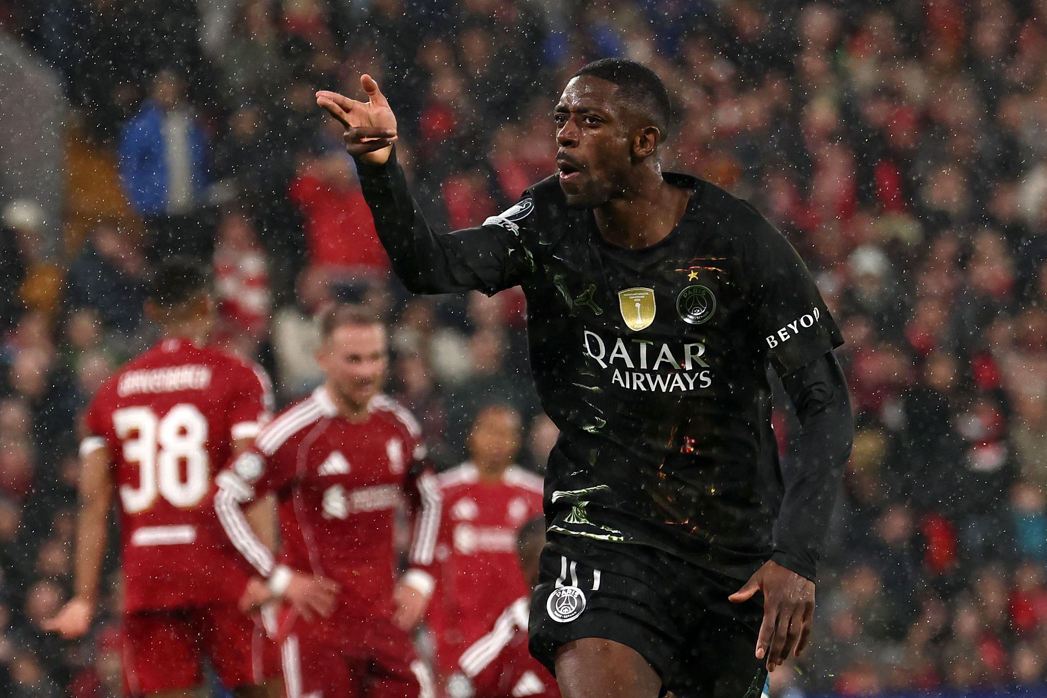 Paris Saint-Germain's French forward Ousmane Dembele celebrates scoring his team's first goal during the Champions League quarter final against Liverpool at Anfield in Liverpool, England, April 14, 2026. /VCG