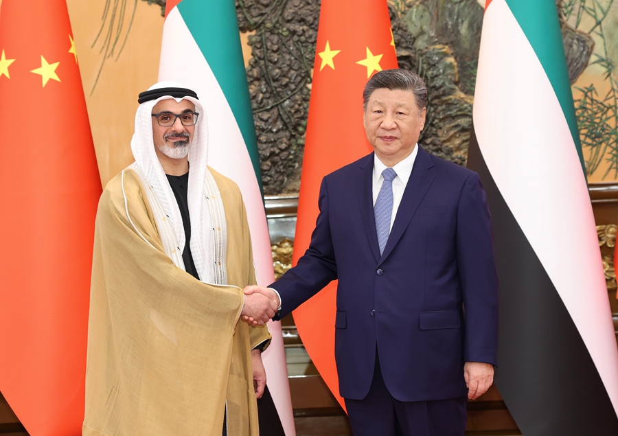 Chinese President Xi Jinping met with Sheikh Khaled bin Mohamed bin Zayed Al Nahyan, Crown Prince of Abu Dhabi, the United Arab Emirates, who is on a visit to China, at the Great Hall of the People in Beijing, China, April 14, 2026. /Xinhua