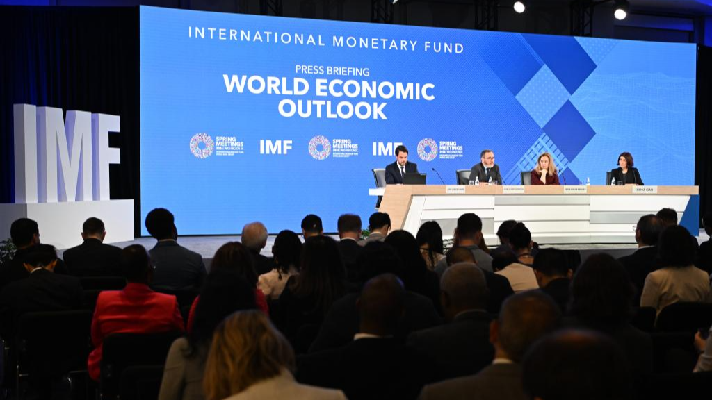 The International Monetary Fund (IMF) chief economist, Pierre-Olivier Gourinchas (2nd L), answers questions at a press briefing on the latest World Economic Outlook in Washington, DC, the United States, April 14, 2026. /Xinhua