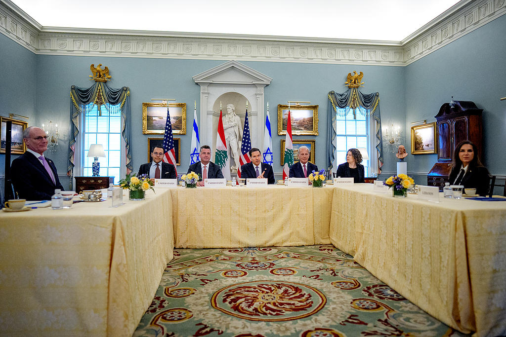 US Secretary of State Marco Rubio, accompanied by US State Department counselor Michael Needham, US Ambassador to Lebanon Michel Issa, Lebanese Ambassador to the US Nada Hamadeh Moawad and Israeli Ambassador to the US Yechiel Leiter, speaks at the start of working-level peace talks at the US State Department in Washington, D.C., on April 14, 2026. /VCG