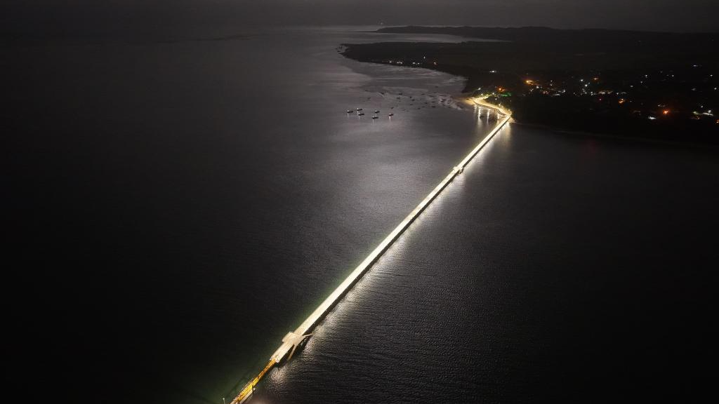 An aerial drone photo taken on March 4, 2026 shows the jetty bridge built by China Road and Bridge Corporation on Inhaca Island in Maputo Bay, Mozambique. /Xinhua