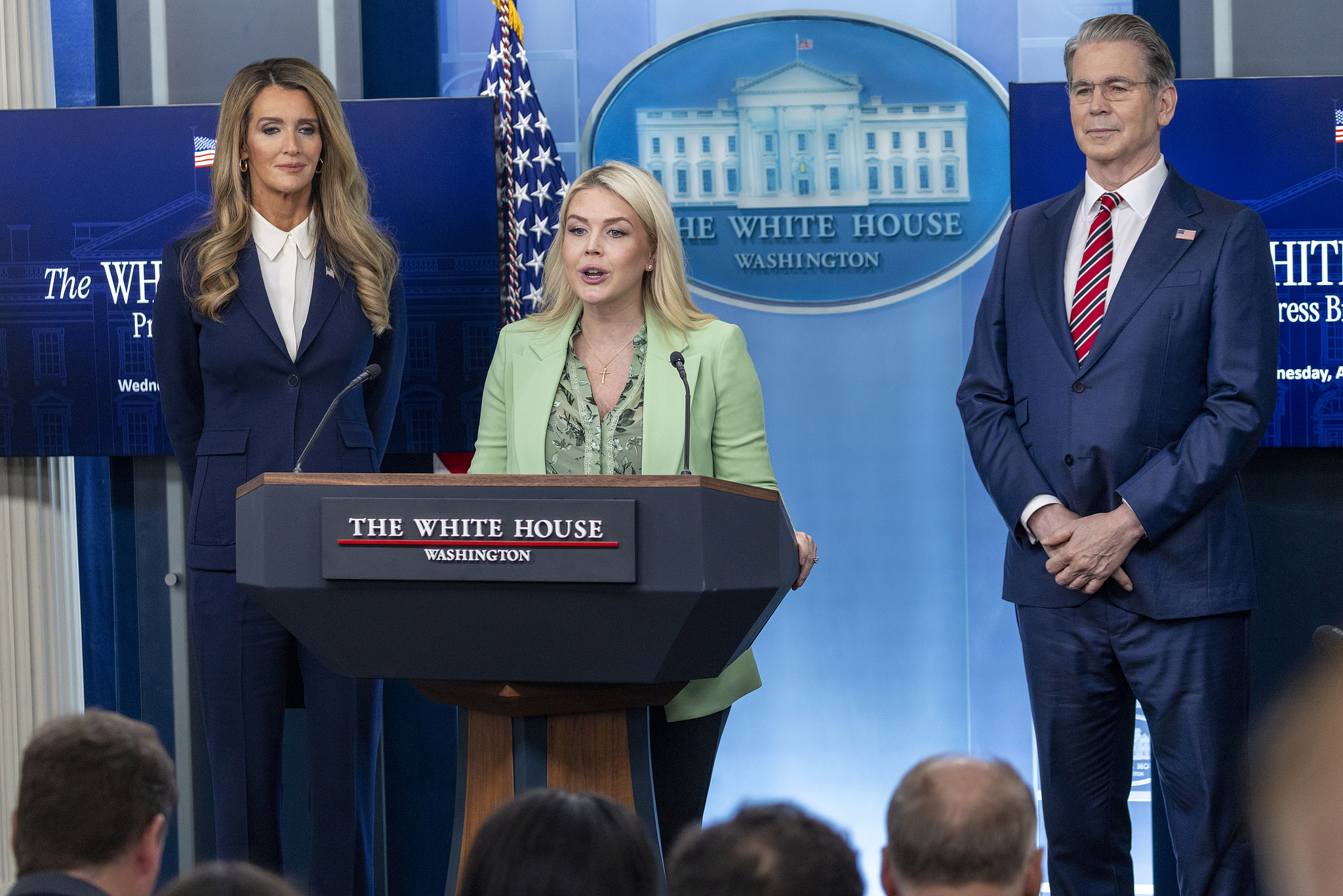 White House Press Secretary Karoline Leavitt (C), with US Treasury Secretary Scott Bessent (R) and Small Business Administrator Kelly Loeffler, responds to a question from the media during a press briefing at the White House in Washington, DC, US, April 15, 2026. /VCG