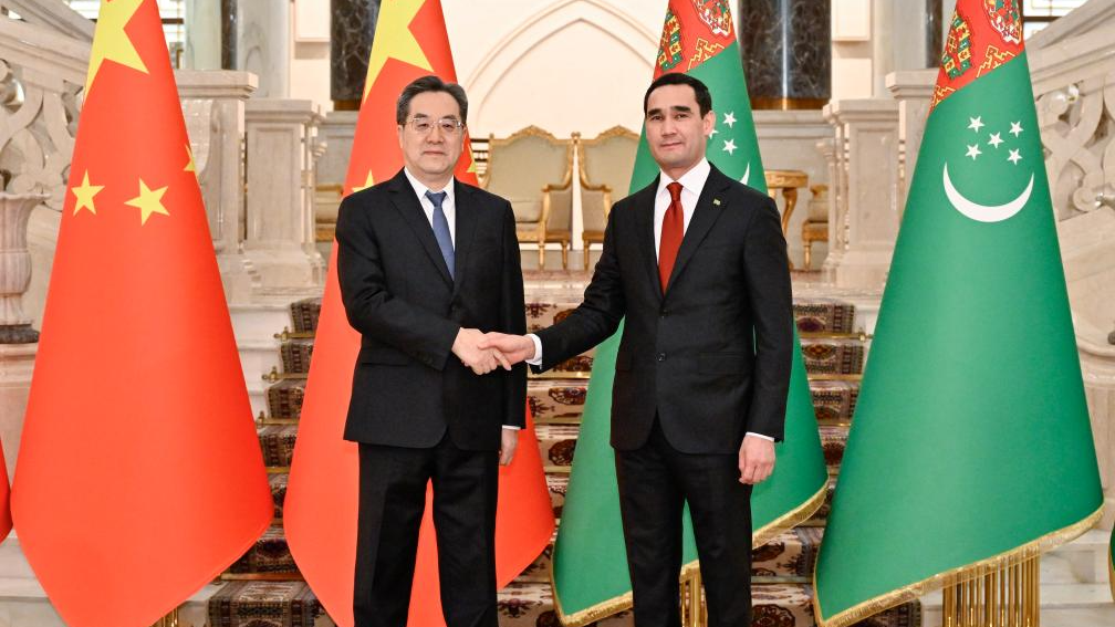 Chinese Vice Premier Ding Xuexiang, also a member of the Standing Committee of the Political Bureau of the Communist Party of China Central Committee, meets with Turkmen President Serdar Berdimuhamedov in Ashgabat, Turkmenistan, April 16, 2026. /Xinhua