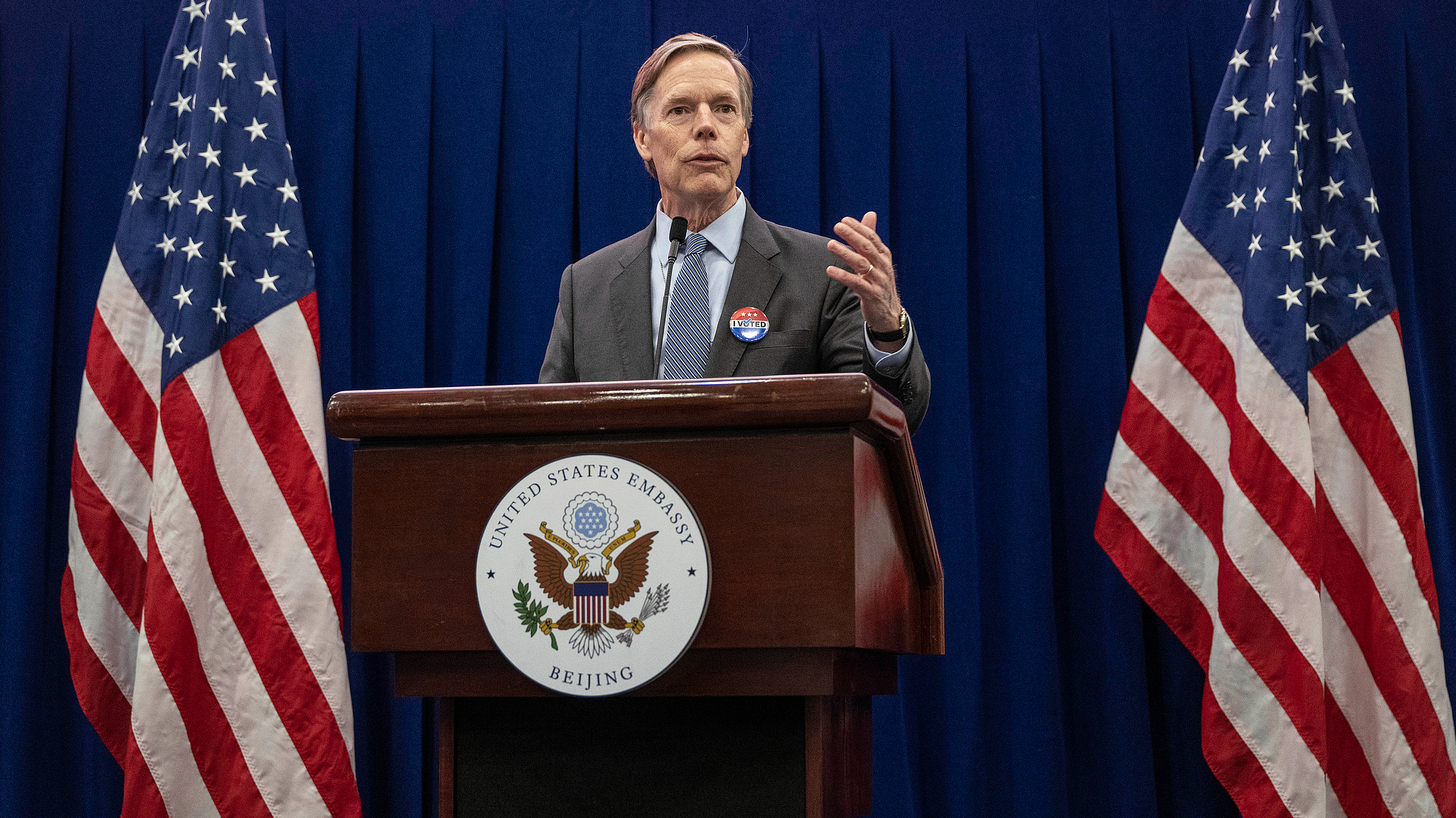 US Ambassador to China Nicholas Burns speaks at a US election watch party at the embassy in Beijing, capital of China, November 6, 2024. /CFP